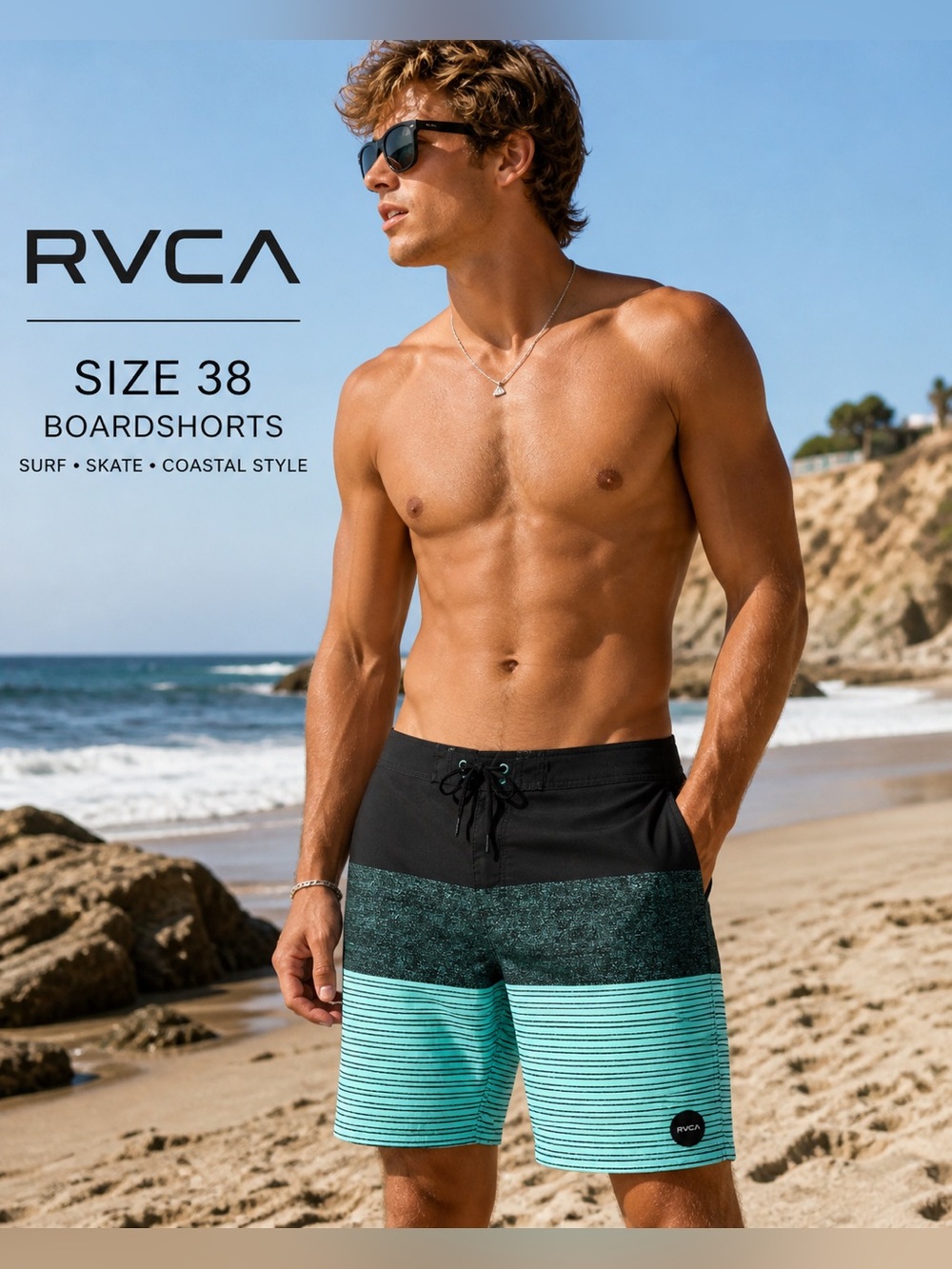 RVCA Men’s Black and Teal Striped Boardshorts Size 38